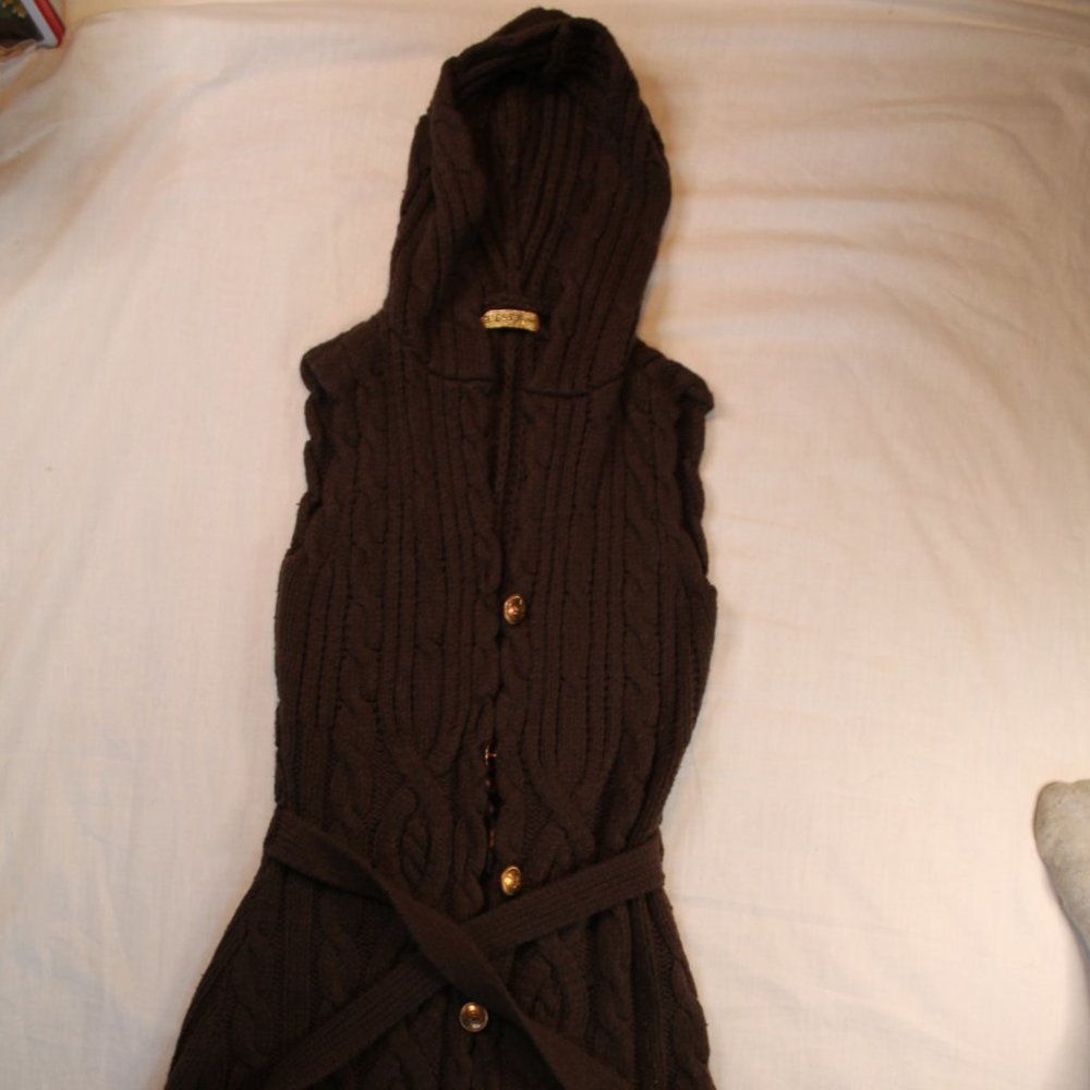`guess jeans brown sleeveless wool hoodie cardigan